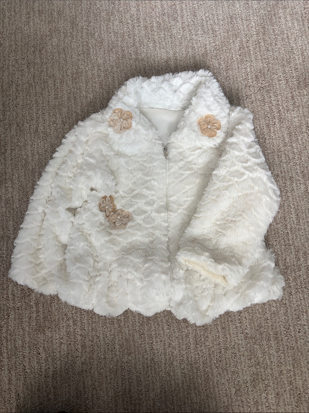 Girls' Ivory Faux-Fur Flower Trim Coat